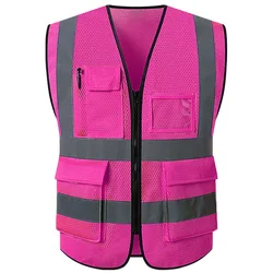 Pink Safety Vest Mesh High Visibility Reflective Vest with Pockets Hi Vis Vest for Working Night Running Cycling Riding