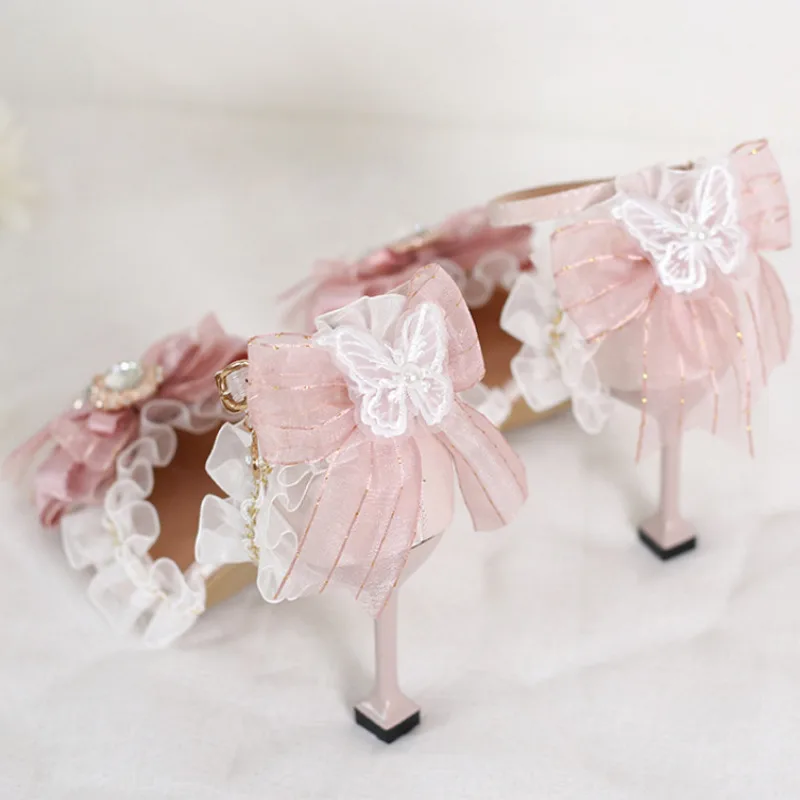 Lolita Princess Cosplay Women Pink Butterfly Bow Pointed Toe High Heel Sandals Wedding Bridal Party Footwear Holiday Gift New