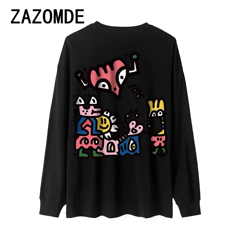 ZAZOMDE T-shirt For Men Autumn Clothing Long Sleeve T-shirts Loose Daily Cartoon Print Oversized CottonT Shirt Tops Casual Tees