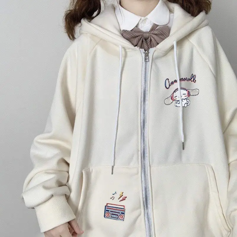 Japanese Sanrio Cinnamoroll Long Sleeve Zip Up Hoodie Sweatshirt Kuromi Women Spring Autumn Loose Vintage Sweet Cool Cardigan