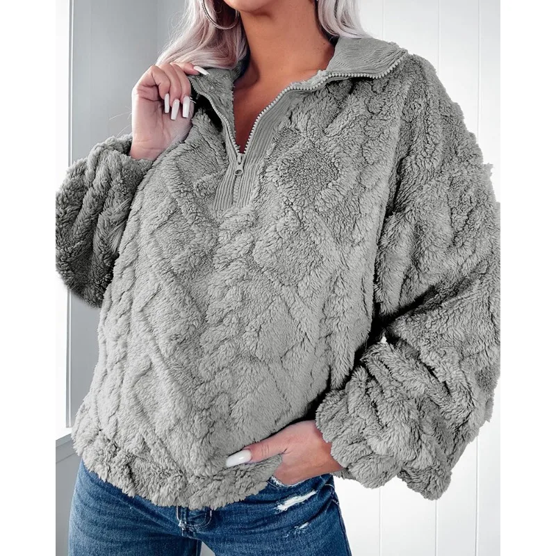 S-XXL جديد المرأة الخريف/الشتاء موضة بلون تحذير البلوفرات السيدات نصف سستة عادية كم طويل شعر هوديي