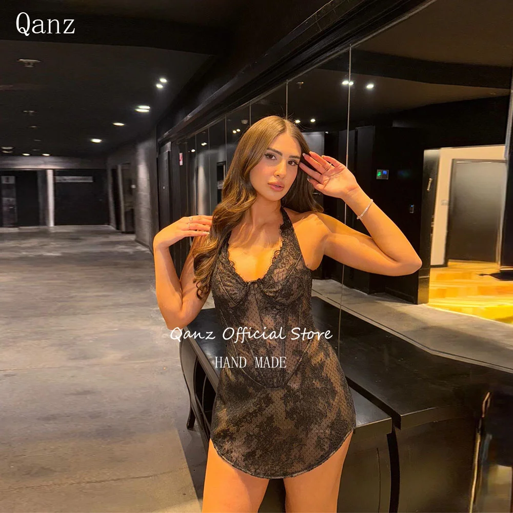 

Qanz Sexy Mini Prom Dress Black Lace Appliques Halter Neck Wedding Guest Dresses For Woman Short Birthday Party Gowns Customized