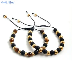 MHS.SUN Handmade Stainless Steel 6MM Gold Black Color Beads Bracelet Natural Tiger Eye Stone Adjustable Men Daily Jewelry