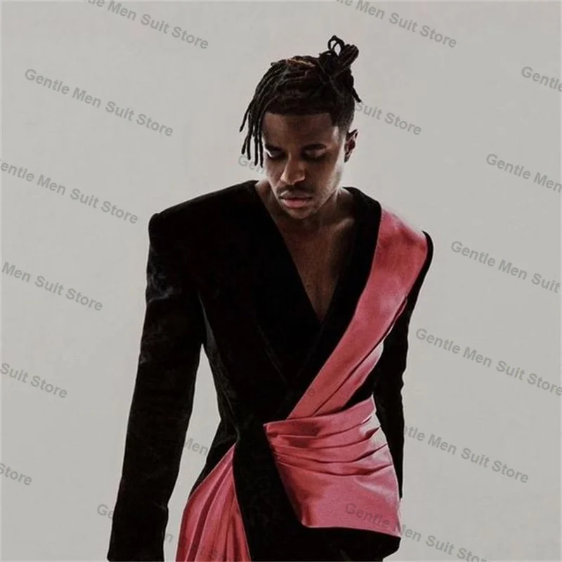 Conjunto de trajes negros de 2 piezas para hombre, Blazer y pantalones con cinturón rosa, esmoquin de boda para novio, abrigo de botonadura única,