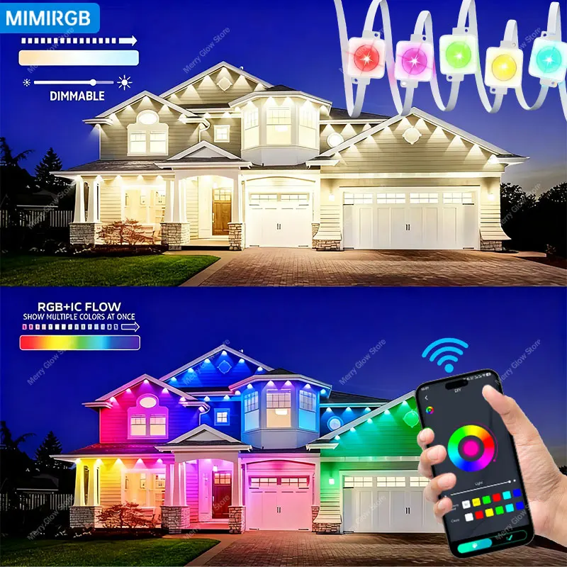 

Постоянный уличный светильник 150 футов 90 светодиодов Smart RGBIC Eaves Light String Bluetooth App Control DIY Изменение цвета Работа с Alexa
