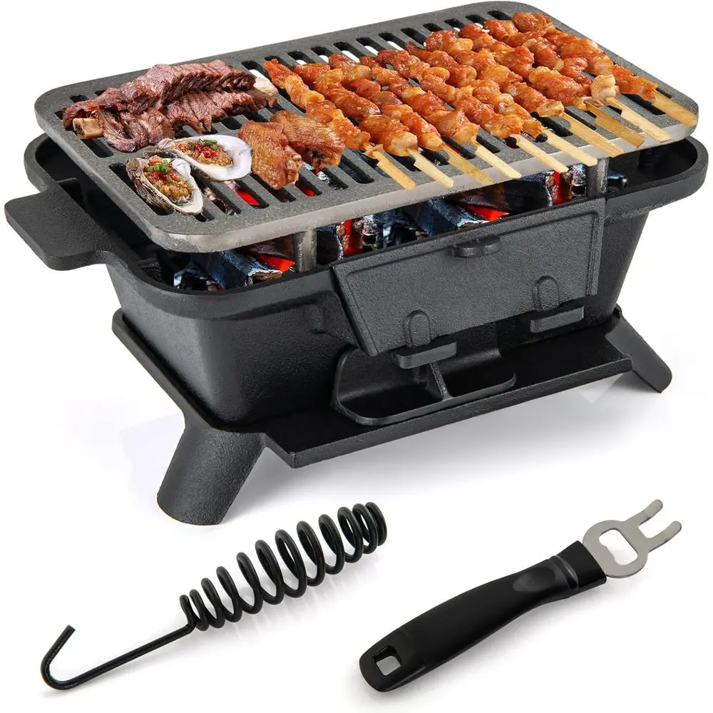 

Portable Cast Iron Hibachi Grill with Air Control Door and Fire Gate, Ideal for Outdoor Camping and Backyard BBQ Parties