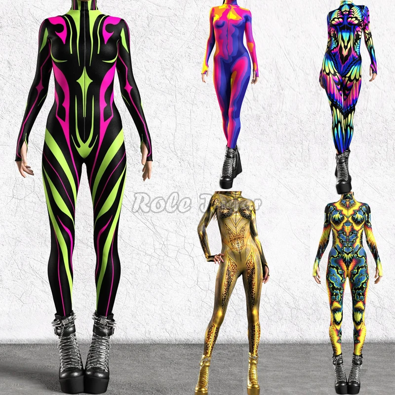 S-4XL Punk Graffiti 3D Digital Printing Jumpsuit Women Sexy Zipper Bodysuits Rompers Halloween Cosplay Costume