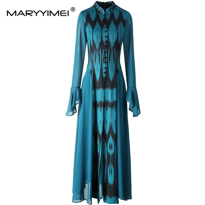 MARYYIMEI Elegant Women\'s Dress Stand collar Flare-Sleeve High waist Design Button Fashionable Autumn and winter Dresses