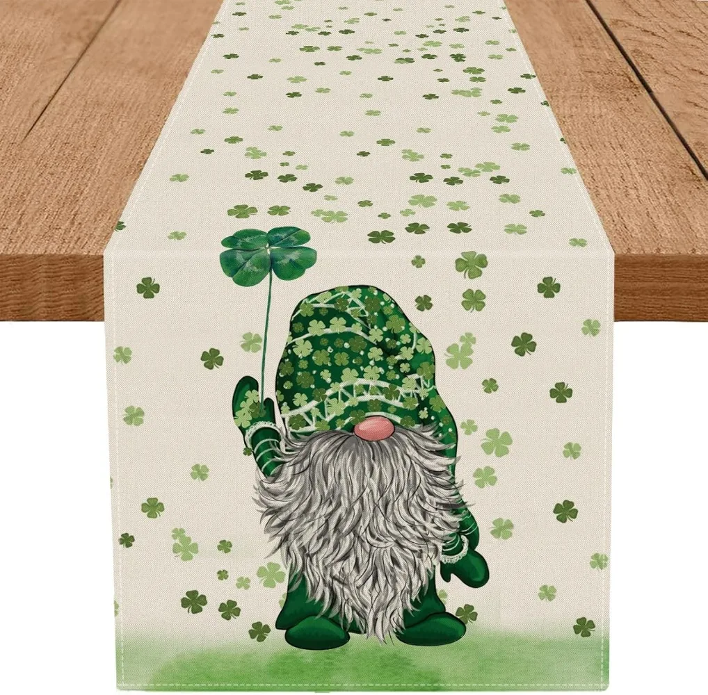 St Patricks Day Table Runner Leprechaun Gnome Shamrock Seasonal Irish Holiday Table Decorations for Home Outdoor Party