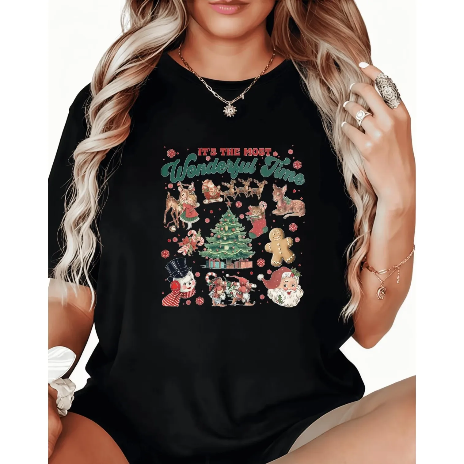 Women's Black Print T-Shirt Graphic Tee It's cotton Black Print T-Shirt Graphic Tee It's The Most Wonderful Time