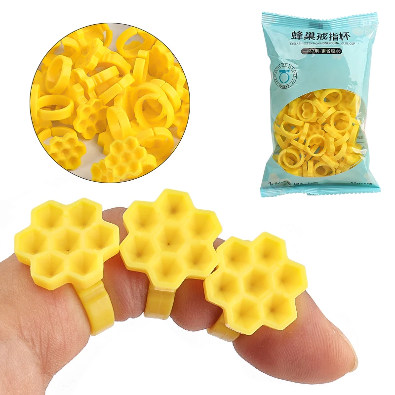 50pcs 7 Hole Honeycomb Lash Glue Ring Cups Disposable Eyelash Extension Glue Delay Cup Finger Ring Glue Holder Save Glue Tools