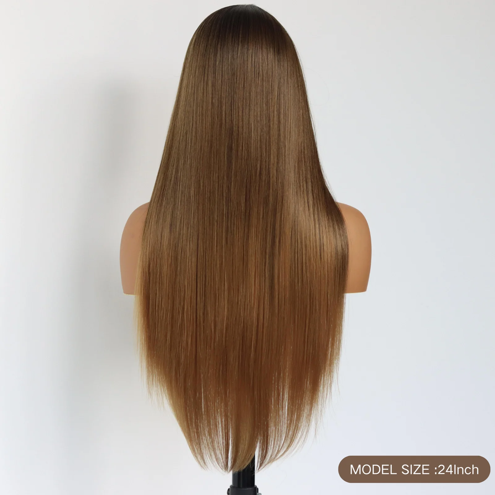 Perruque Lace Front Wig Synthétique Sans Colle, Cheveux Longs Lisses, Brun Ombré, Dégradé Brun, Résistant à la Chaleur, 13x4