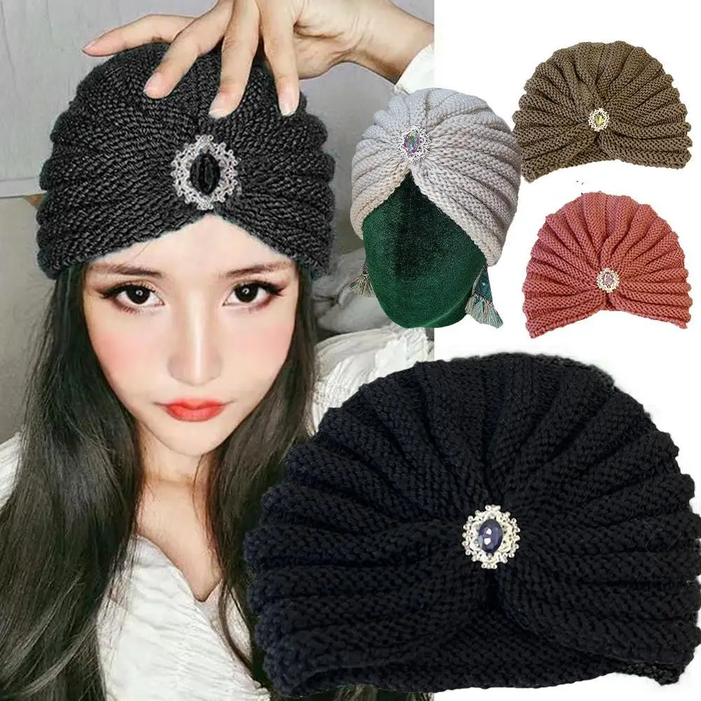 New Knitted Hat Set Thick Warm Skullies Beanies Hats For Women Ethnic Hat With Bits On Headband Earmuffs Hat