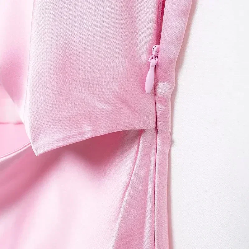 TRAF-Robe de Soirée Mi-Longue en Satin Rose pour Femme, Tenue Élégante à la Mode, 2024