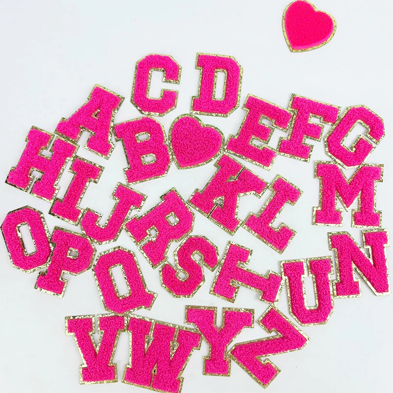 Rose Red Letters Sticker Patch Alphabet Towel Embroidered Chenille Patches for Clothing Bag Jacket Stick on Accessories Applique