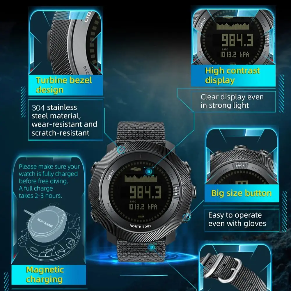 NORTH EDGE 2025 APACHE-D Смарт-часы Бесплатные часы для дайвинга Спортивные цифровые часы Высотомер Барометр Компас Мировое время Водонепроницаемые 100 м