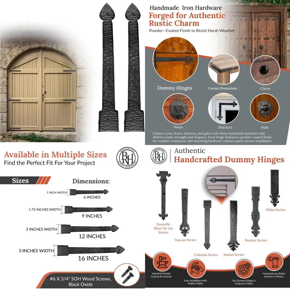 

Black Faux Strap Hinges - 2 Pack, 16 Rustic Iron Dummy Hinges for Farmhouse Shutter, Carriage Door Decor