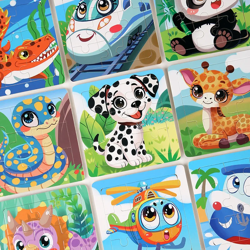 11cm Drewniane Puzzle dla Dzieci Gry Układanki Kreskówkowe Zwierzęta Pojazdy Wzory Drewniane Puzzle 3D Montessori Zabawki Edukacyjne