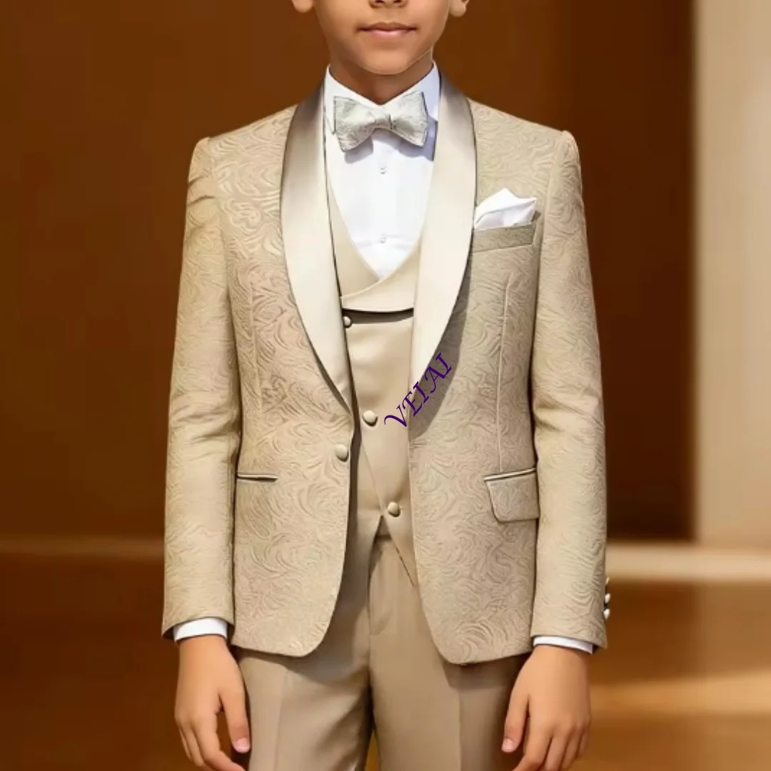 Boys' 3-Piece Formal Jacquard Suit – Champagne Shawl Lapel Blazer, Vest & Pants for Pageboys & Weddings