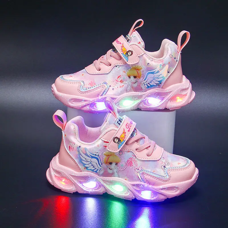 Bebê menina luzes led tênis casuais crianças adorável anjo menina padrão de couro do plutônio respirável malha sapatos presente aniversário para crianças