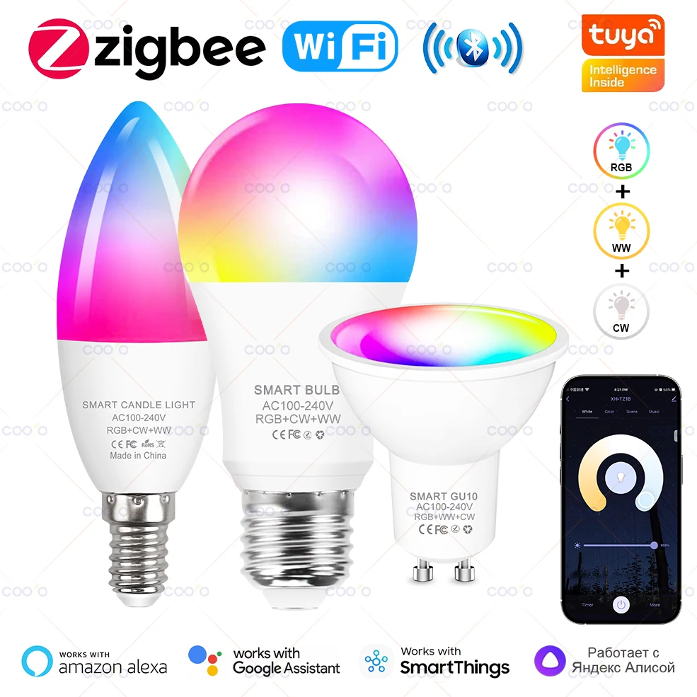 ZigBee Tuya Wifi Bluetooth LED Bulb Smart Life App Control Dimmable GU10 E27 E14 RGB CW Smart Light Bulbs Work With Alexa Google