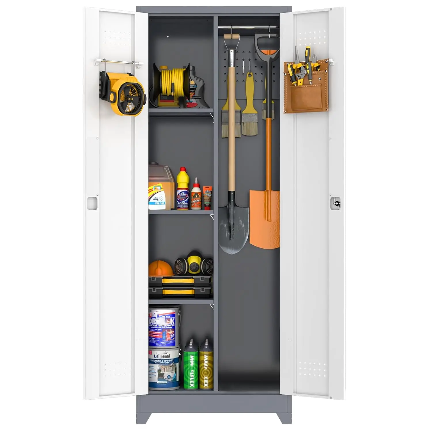 

Металлический шкаф для хранения 65 дюймов с дверцами и полками, органайзер для инструментов и метел для гаража/сарай, серый и белый, на заказ