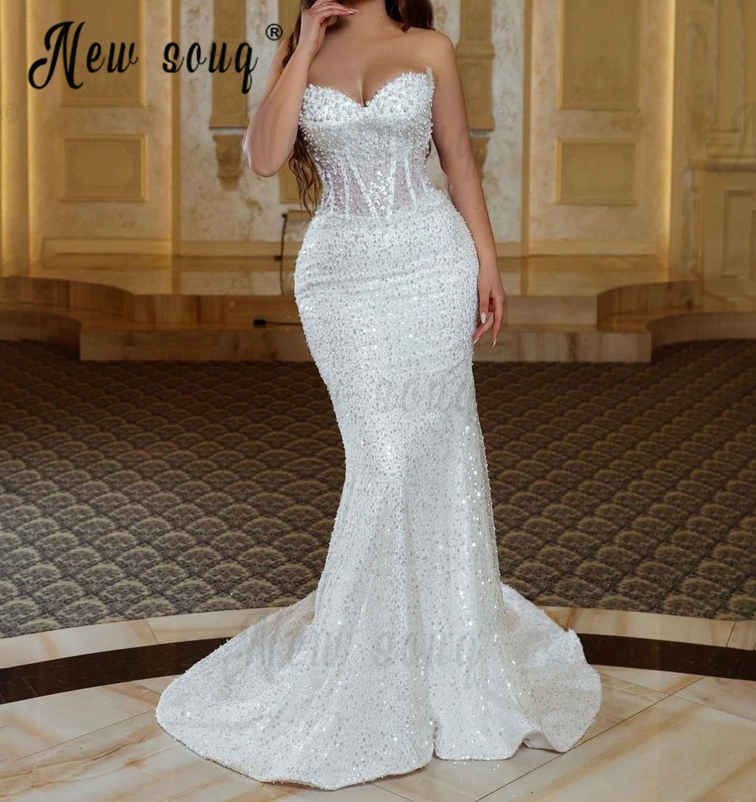 

Ivory Full Pearls Sweetheart Neck Mermaid Evening Dress Bride Formal Party Night Gowns Dubai Sequins Wedding Event Gowns Custom