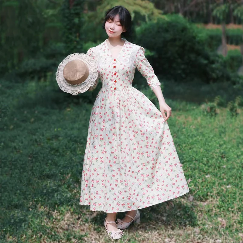 AnXin SH vintage princesa beige algodón fresa flor encaje cuello en v media manga botón rojo cremallera vestido de noche personalizado