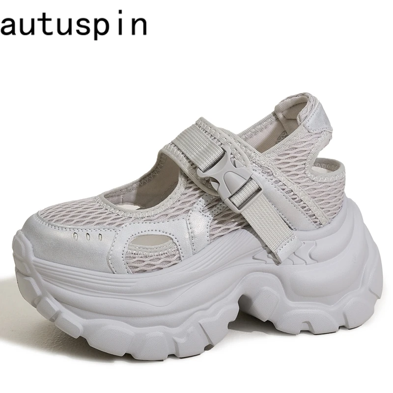 

AUTUSPIN/женская обувь с открытой спиной 7,5 см, лето 2021, модные спортивные стильные сандалии, дышащие женские сетчатые кроссовки на платформе