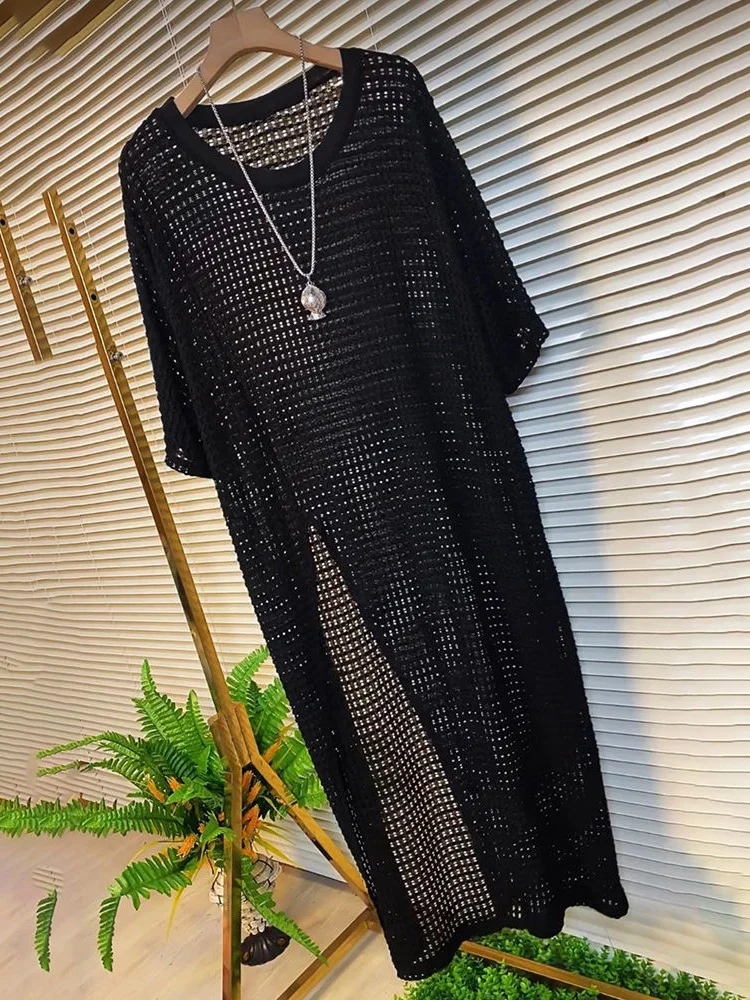 Extra Large Size Ice Silk Knitted Long Dress with Hollow out Design And Side Slit for Women Sexy Base Layer Korean Style