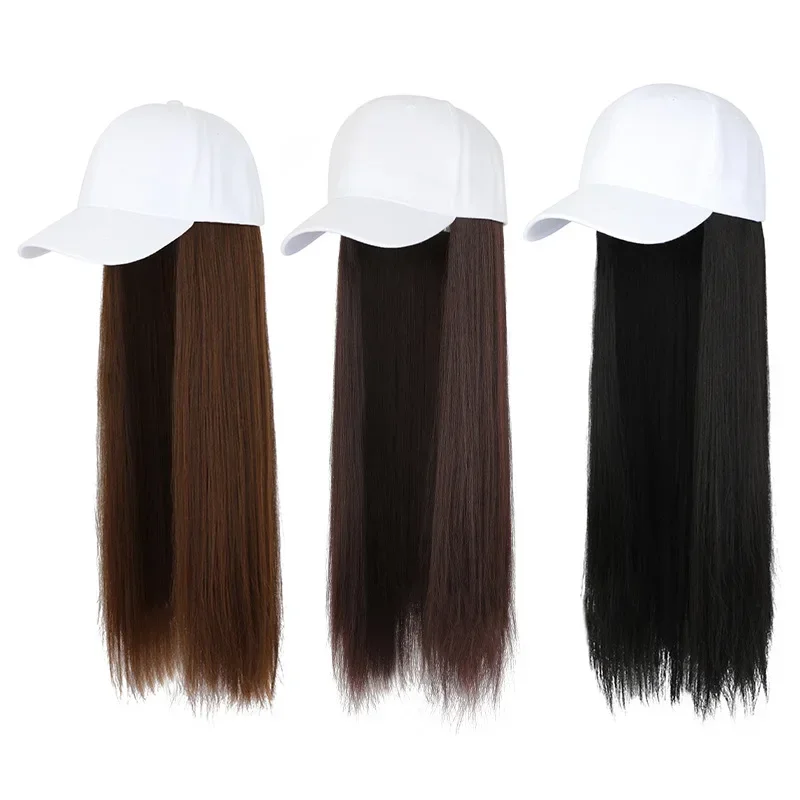 60cm Black Peaked Baseball Cap with Wig Synthetic One Piece White Caps Summer Kpop Long Straight Hair Hat Wig Hat for Women Caps