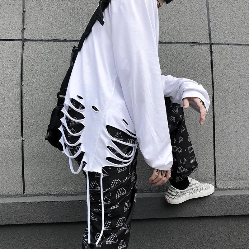 Hip Hop Ripped Hole Women Long Sleeve T Shirts 2022 New Korean Fashion Causal Harajuku Oversized Punk Gothic Clothes Black White