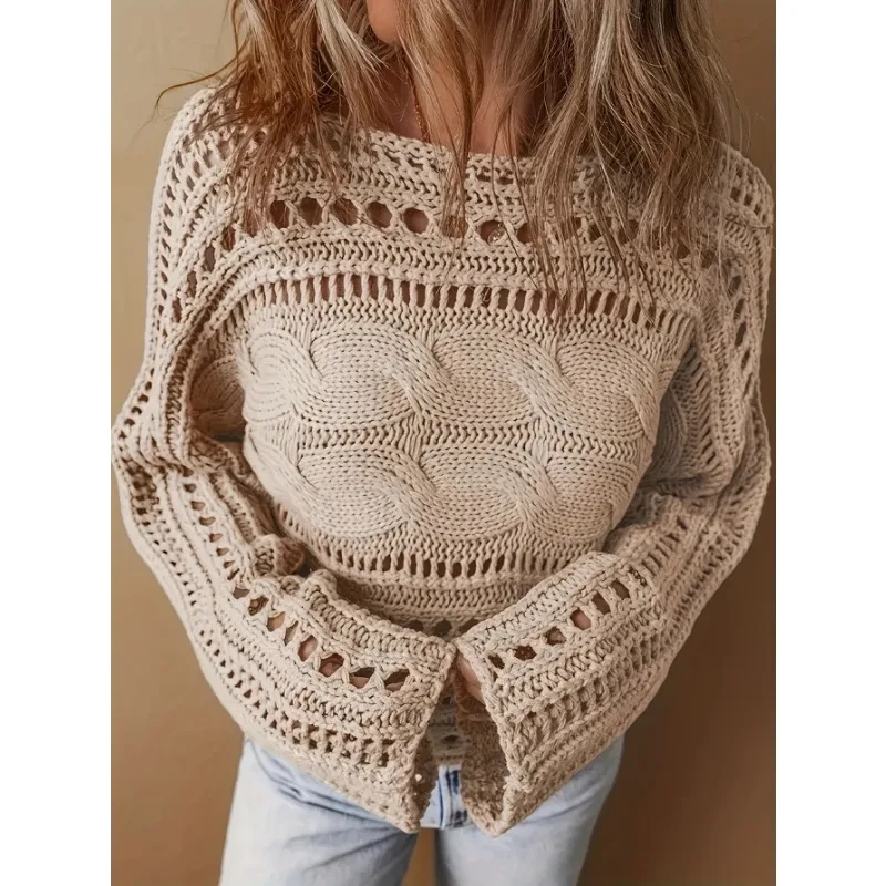 

Long Sleeve Knitted Pullover Autumn Elegant Harajuku Jumper Knitwear Top Solid Casual Vintage Loose Hollow Women Sweater