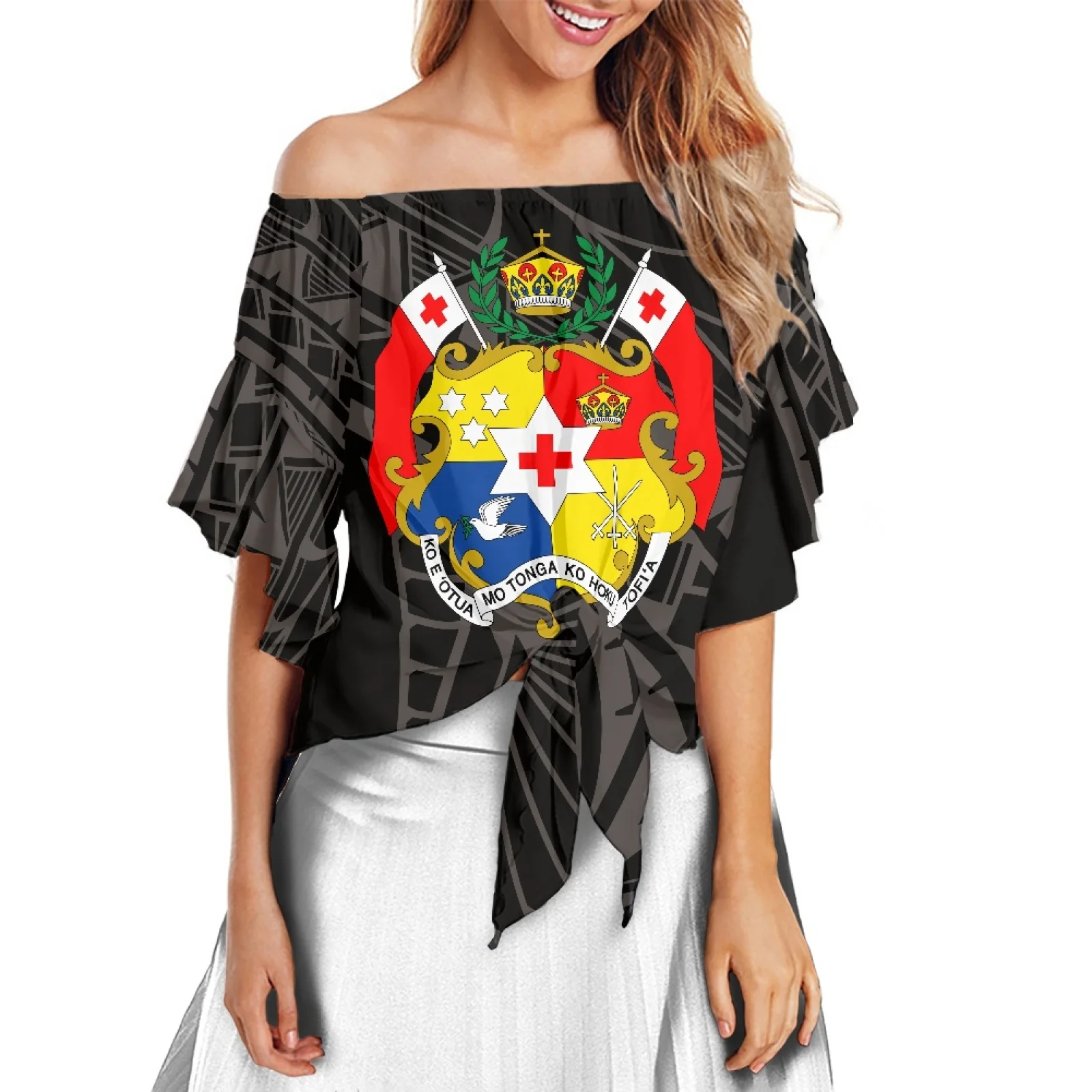 Tonga Sales Tattoo Print Ethnic Style Off Shoulder Women Shirt Elegant Flare Sleeve Stylish Soft Vintage Blouses