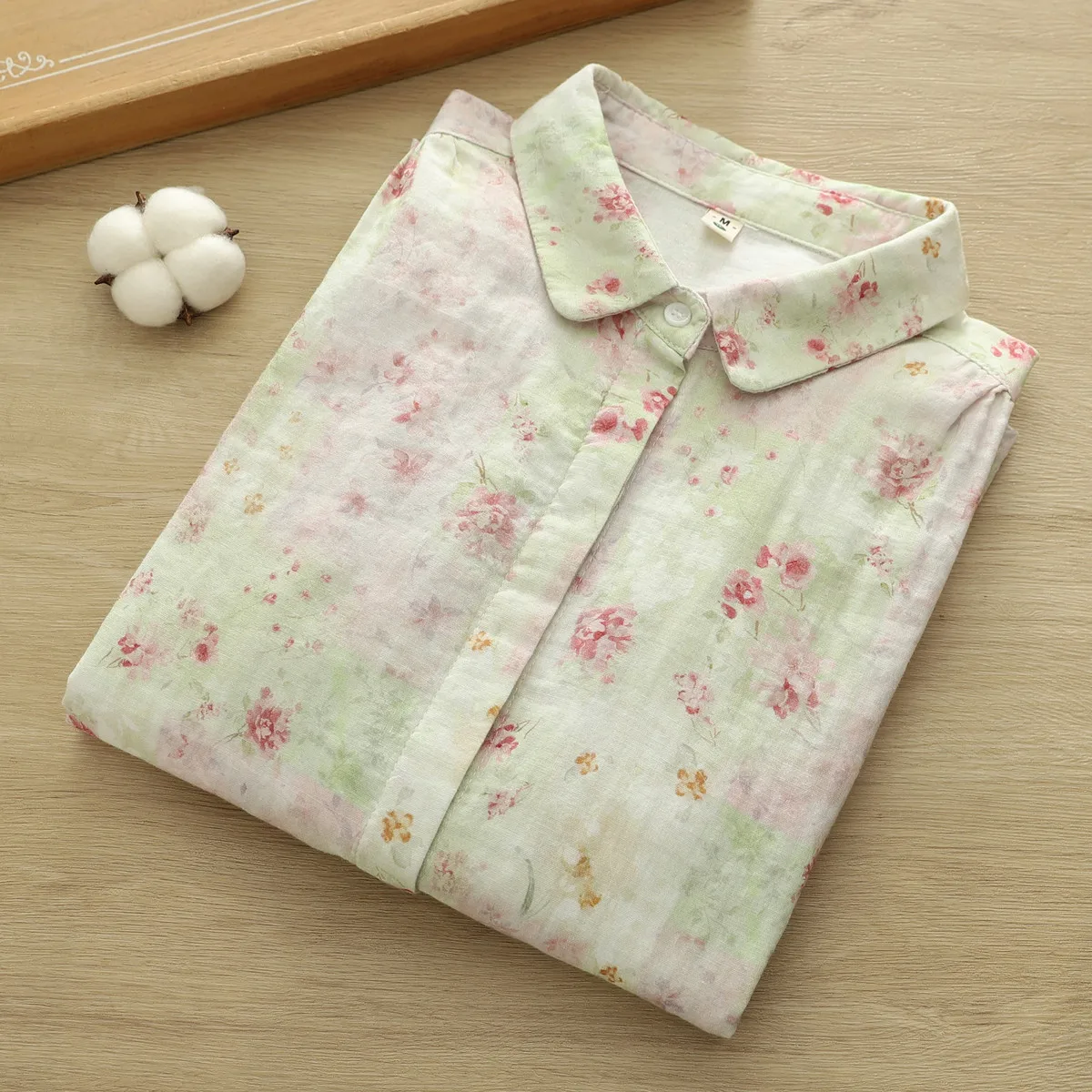 女性プリントシャツ綿 100% 糸ブラウス長袖レディーストップス森ガールズ日本スタイルキノコプリントシャツ女性服