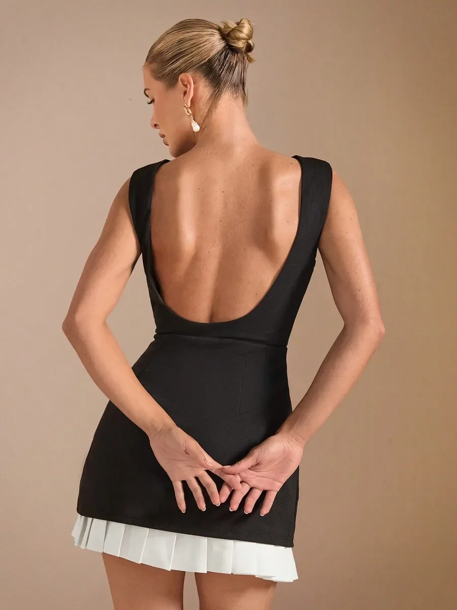 

Black Backless Pleated Mini Dress With White Contrast Hem