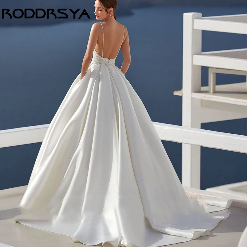 RODDRSYA-Robe de mariée dos nu à bretelles spaghetti sexy, élégante, appliques en satin, fête de la mariée, ligne A simple, poche insérable, surintendant wjurRobe de mariée dos nu à bretelles spaghetti sexy, élégante,