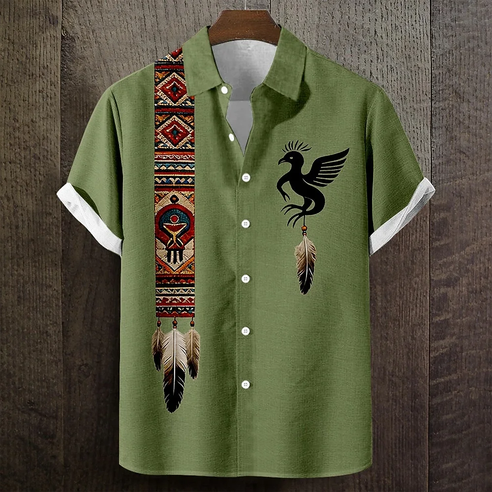 

Men's High-Quality Linen Shirt Ethnic Tribal Print Outdoor Leisure Vacation Short-Sleeved Lapel Button Cardigan