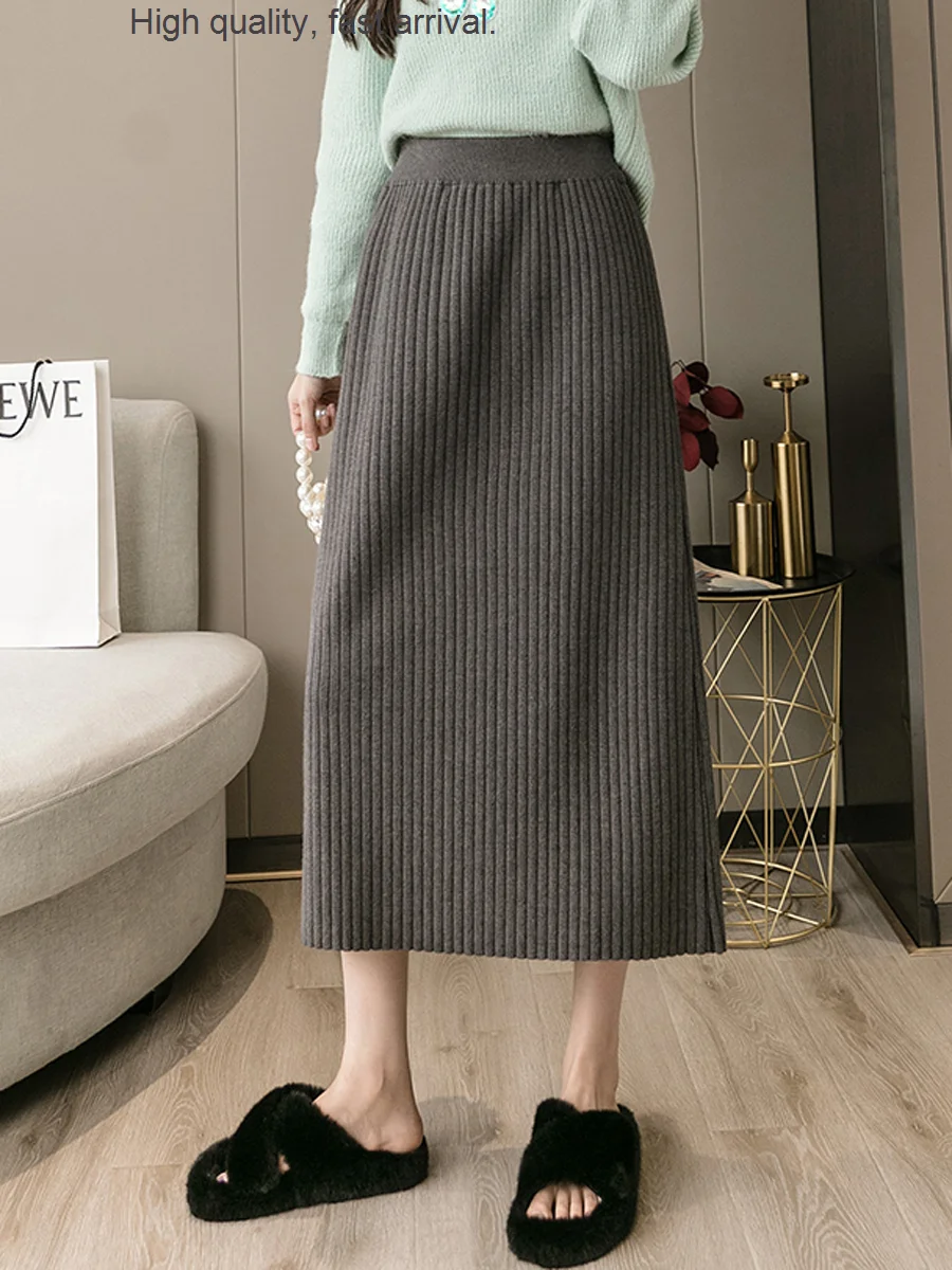 

Women's Knitted Skirt New Autumn and Winter Sunken Stripe Casual Pleated Hip Skirt Mid-Length Straight Wool Skirt