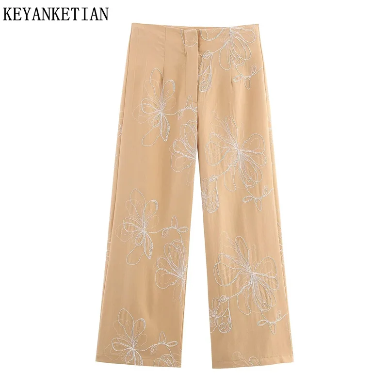 

KEYANKETIAN 2025 Spring/Autumn New Women's Flower Embroidery Decoration Straight Pants Pastoral style Zipper High Waist Trousers