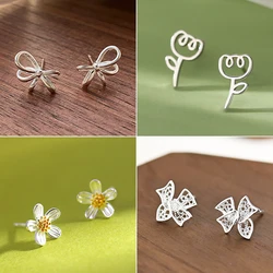 Fashion Simple Silver Color Hollow Bowknot Flower Stud Earrings for Women Sweet Versatile Earring Daily Jewelry Accessories Gift