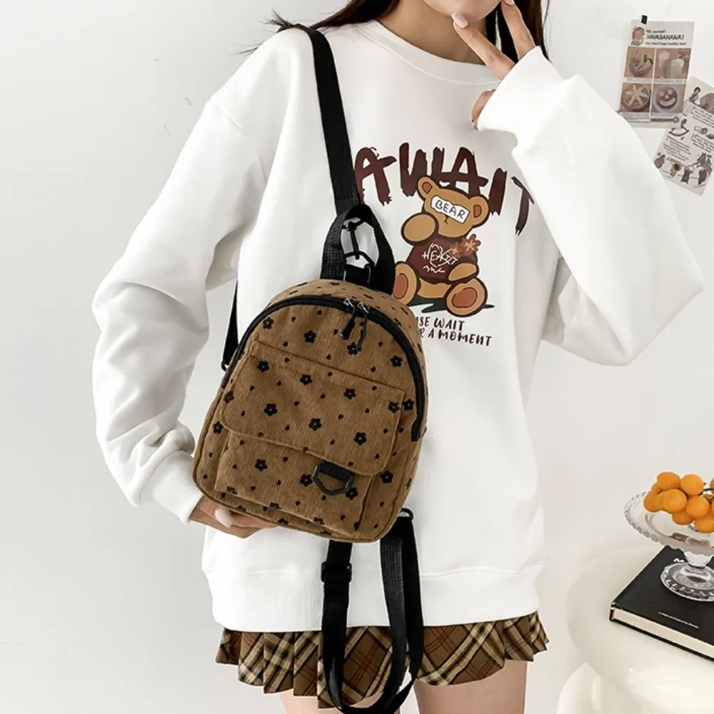 Multiple Pocket Small Backpacks Fashion Corduroy Flower Print Women Shoulder Bag Lightweight Mini Mini Backpack Ladies