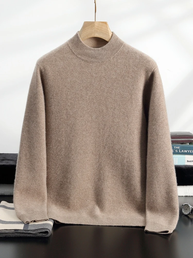 Luxury Men Thick Cashmere Pullover Mock Neck Sweater Autumn Winter Smart Casual Long Sleeve Basic Warm 100% Cashmere Knitted Top