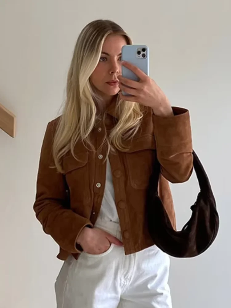 Women\'s Brown Long Sleeves Short Jackets Vintage Single Breasted With Pocket Cropped Coats 2024 Lady Fashion High Streetwear