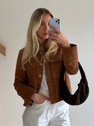 Women's Brown Long Sleeves Short Jackets Vintage Single Breasted With Pocket Cropped Coats 2024 Lady Fashion High Streetwear