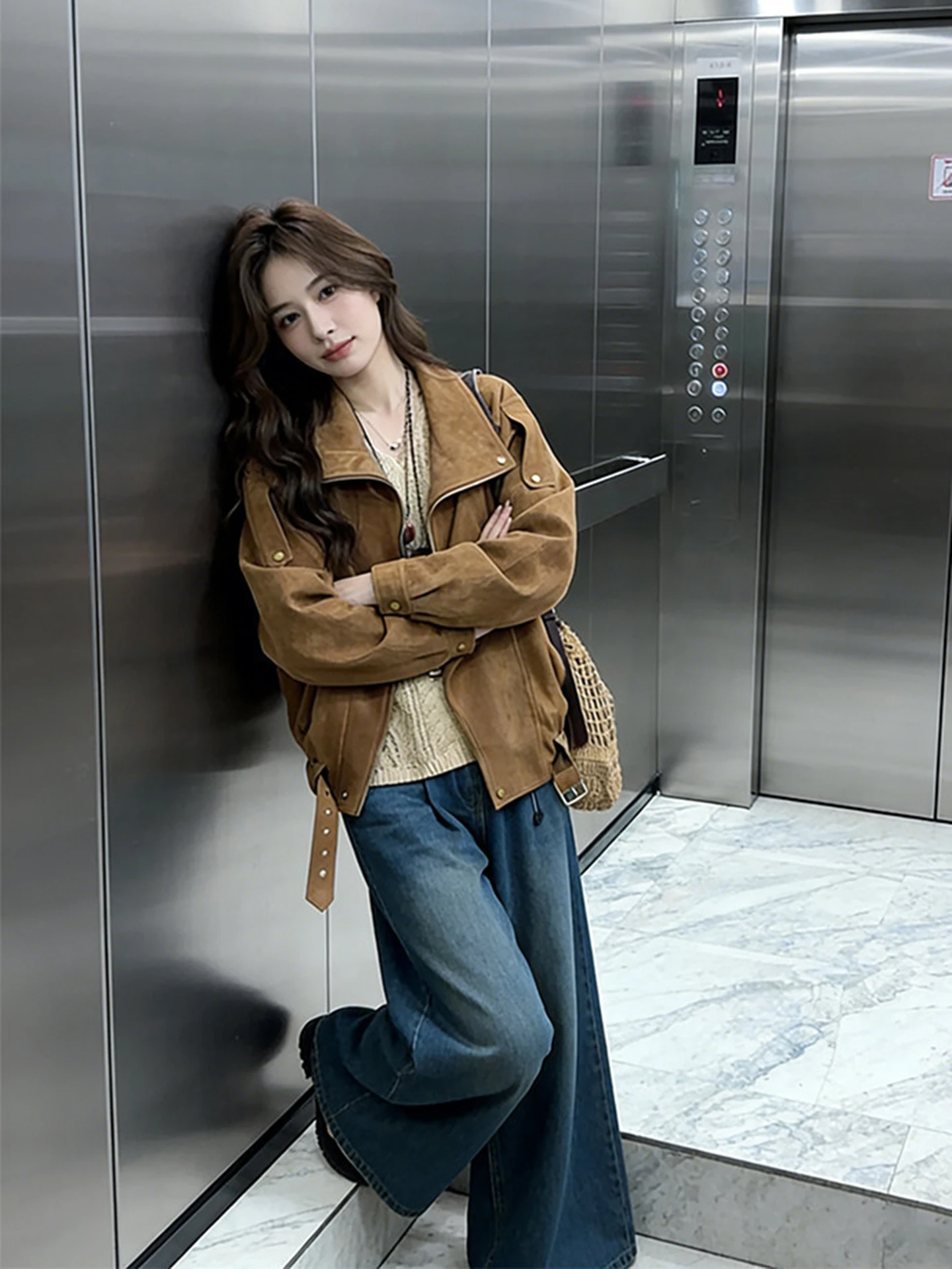 Korean Style Suede Jacket Women's Coffee Color Cold Tone Unique Super Beautiful Spring Autumn New Arrival Commute Style Stand...