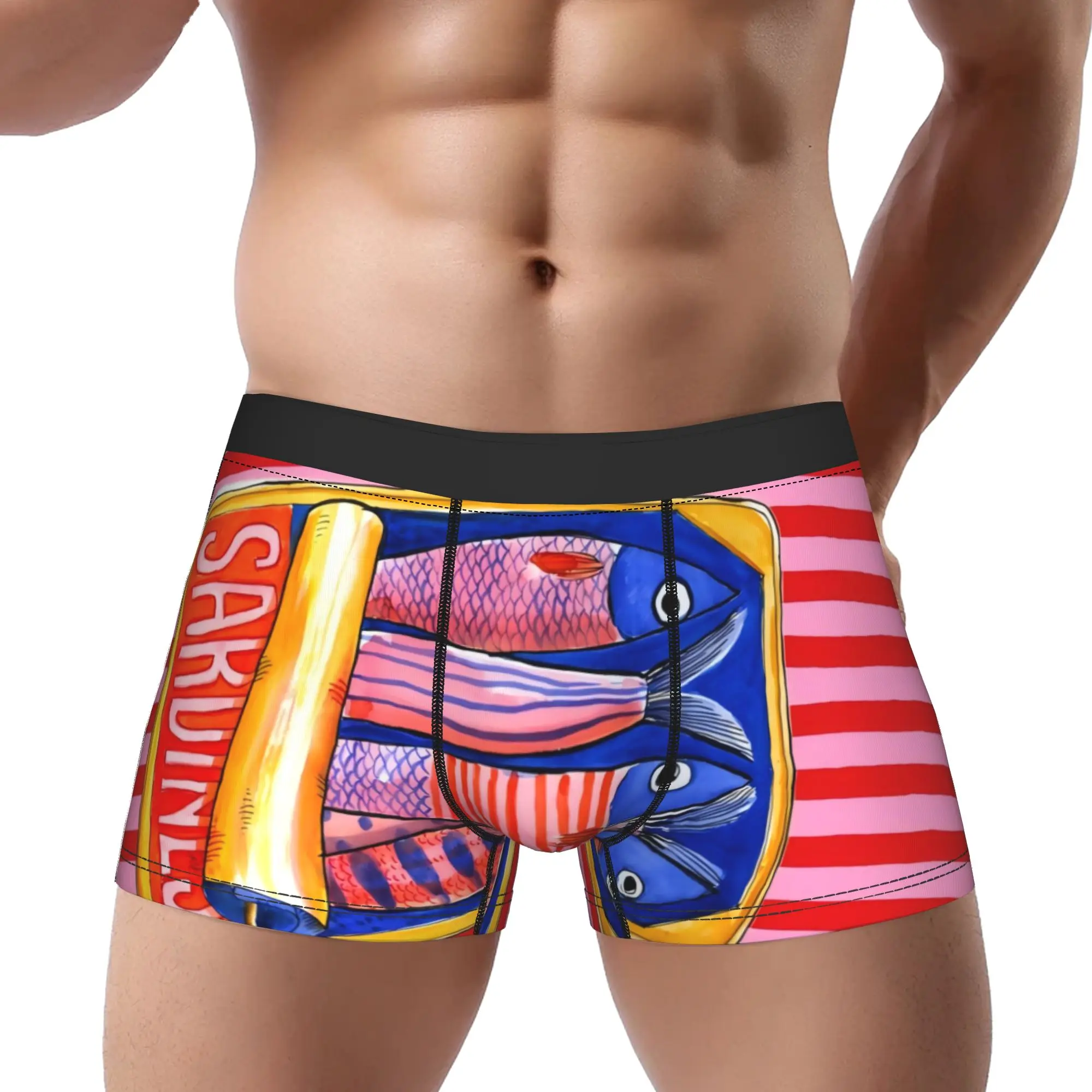 

Мужские трусы-боксеры с иллюстрацией банки сардин в красно-розовую полоску, дышащие, вентилируемые