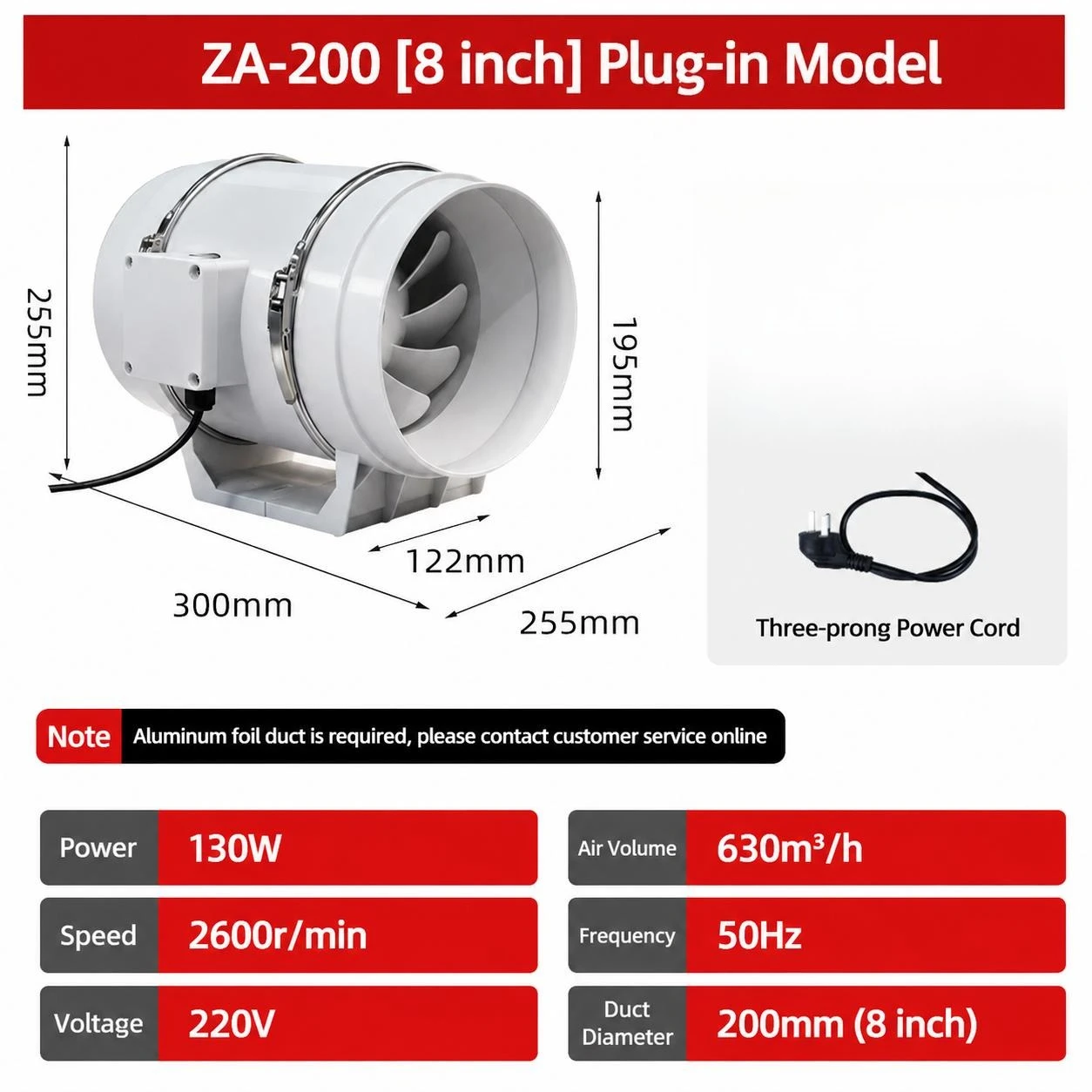 8 Inch 220V Inline Duct Fan Booster Exhaust Ventilation Extractor Kitchen Bathroom Grow Tent Air Circulation Diagonal Flow Fan