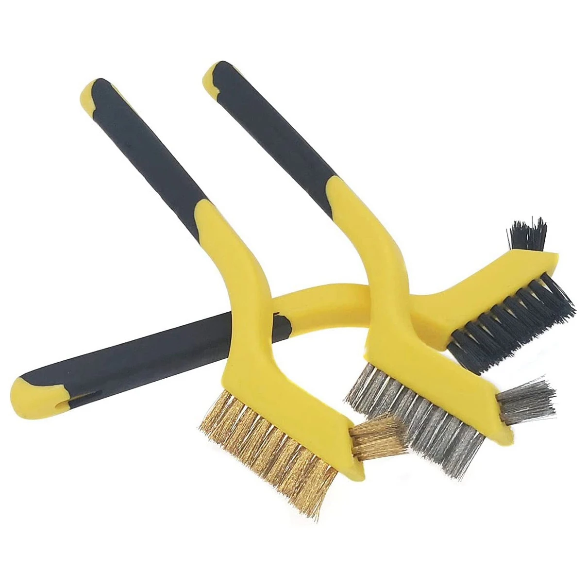 3 Pcs Wire Brush Set Nylon/Brass/Stainless Steel Bristles with Curved Handle Grip for Rust, Dirt & Paint Scrubbing