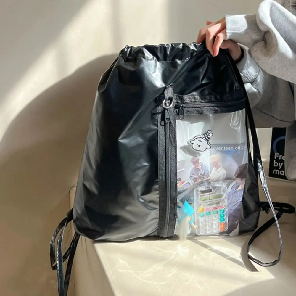 Transparenter Taschen-Rucksack mit Kordelzug, große Kapazität, silberfarbenes PU, koreanischer Stil, Itabag, modisches Design, leichte Umhängetasche